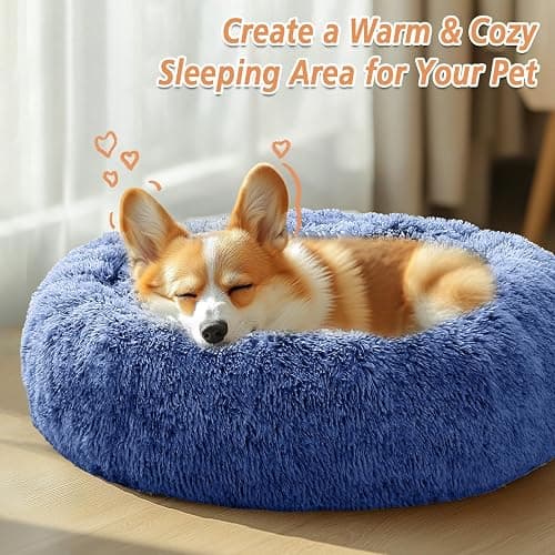JOLLYVOGUE Small Dog & Cat Beds for Indoor Cats, Donut Cuddler Warming Soft Dog Beds with Anti-Slip Bottom, Round Calming Fluffy Plush Faux Fur Cushion Bed for Small Dogs (20", Navy Blue) thumbnail 5