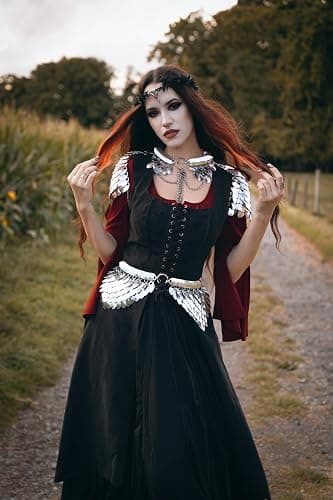Scarlet Darkness Renaissnace Faire Costume Dress for Women Pirate Overdress | Pockets, Front lace-up, Underbust cut, for Peasant Gothic Witch Medieval Party thumbnail 5