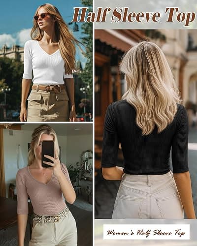 Riyiper 3 Pack Women's Half Sleeve Top Elbow Length Ribbed Cotton T Shirt Women V Neck Summer Tee Slim Fit Casual Blouses thumbnail 5