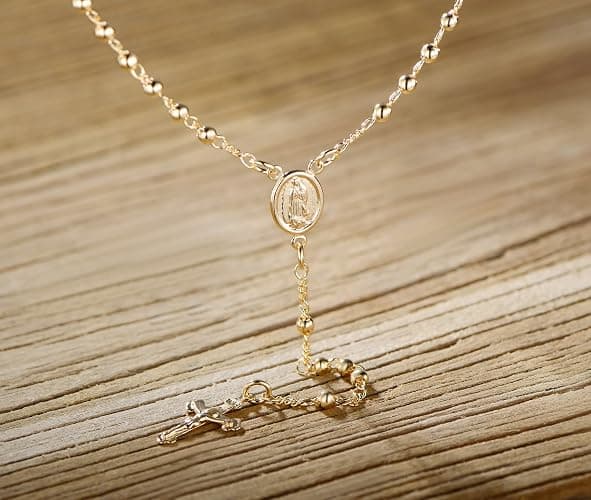 Barzel 18K Gold Plated Virgin Mary Rosary Bead Cross Necklace - Made In Brazil thumbnail 4