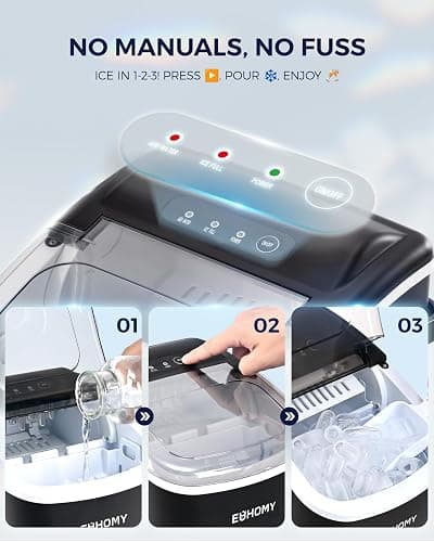 EUHOMY Countertop Ice Maker Machine with Handle, 26lbs in 24Hrs, 9 Ice Cubes Ready in 6 Mins, Self-Cleaning Portable Ice Maker with Basket and Scoop, for Home/Kitchen/Camping/RV. (Black) thumbnail 7