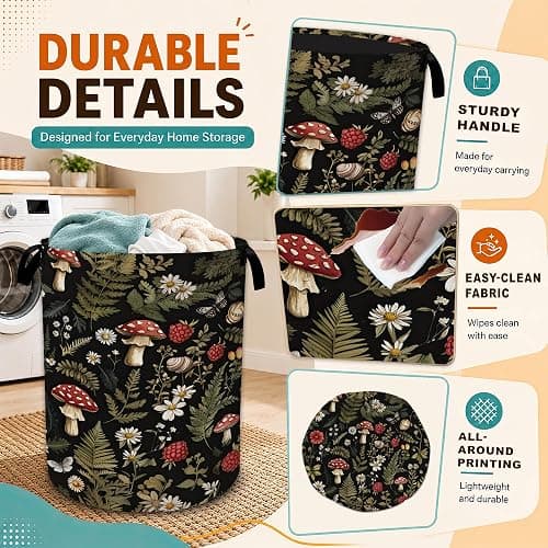 Mushrooms Laundry Basket with Handles,Herbs Berries Butterfly Foldable Oxford Laundry Hamper,Collapsible Clothes Storage Basket for Laundry Room/Bathroom/Bedroom/Dormitories 20.8 x 16 Inches thumbnail 3