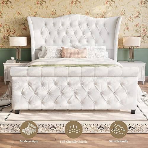 Queen Size Bed Frame-Upholstered Platform Chenille Sleigh Bed-51 inch Scroll Wingback Tall Headboard Footboard-Deep Button Tufted-Easily Assemble-Wood Slats Support-No Box Spring Required-Cream thumbnail 8