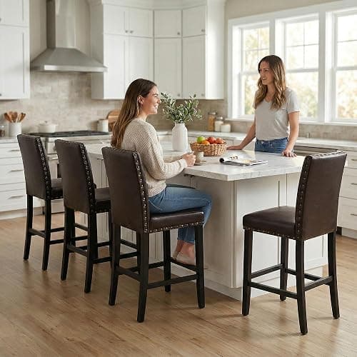 Upholstered Counter Height Bar Stools with Nailhead Trim, 24 Inch Seat Height, Solid Wood Frame, 300 LBS Weight Capacity, PU Leather & Fabric Options for Kitchen Island, Dining Room, Bar (Brown, 4pcs) thumbnail 4