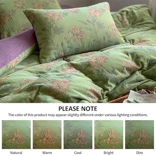 VM VOUGEMARKET Linen Cotton Jacquard Duvet Cover Queen,3 Pcs Yarn-Dyed Textured Duvet Cover Set Green Purple Floral Bedding Breathable, Natural Wrinkled Look-No Comforter thumbnail 7