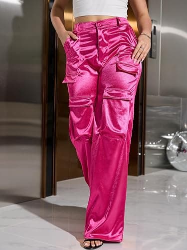 XNMHL Womens High Waisted Satin Cargo Pants Loose Fit Wide Leg Trousers with Pockets Trendy Outfit thumbnail 9