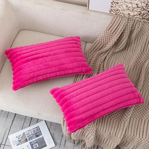 ZLINA Set of 2 Cream White Faux Fur Decorative Throw Pillow Covers Fluffy Striped Pillowcase Cushion Covers 12 x 20 Inch Decor Sofa Couch Bedroom thumbnail 5