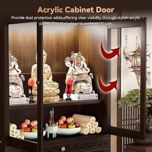 YKLYTBD Bamboo Home Altar Table Cabinet with Acrylic Dustproof Doors, Pull-Out Worship Platform & Storage Shelves, Multi-Tier Buddhist Butsudan Shrine for Meditation Room, Oriental Zen Style thumbnail 5