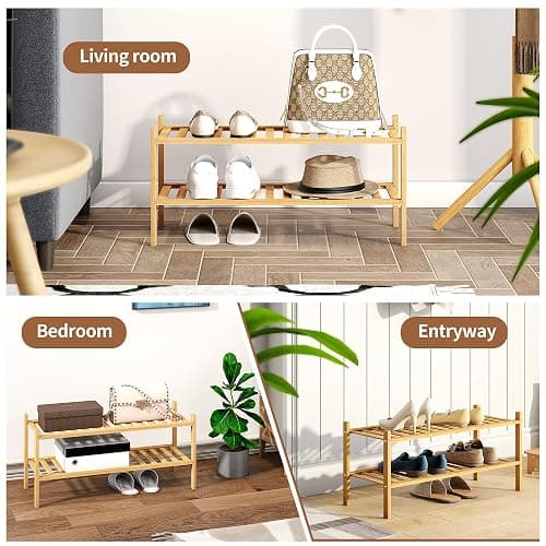 FILWH Bamboo Shoe Rack Stackable Shoe Shelf Storage Organizer for Unit Entryway Hallway and Closet Sturdy Freestanding Shoe Shelf (Natural, 2-Tier/27 * 11 * 12.6IN) thumbnail 3