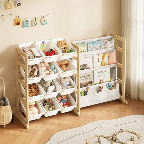 EXPERLAM Toy Storage Organizer with Bookshelf, Kids Toy Organizer and Storage Shelf with 12 White Bins, Solid Pine Wood Book Rack for Playroom, Nursery, Kids Room, Toys and Books thumbnail 9