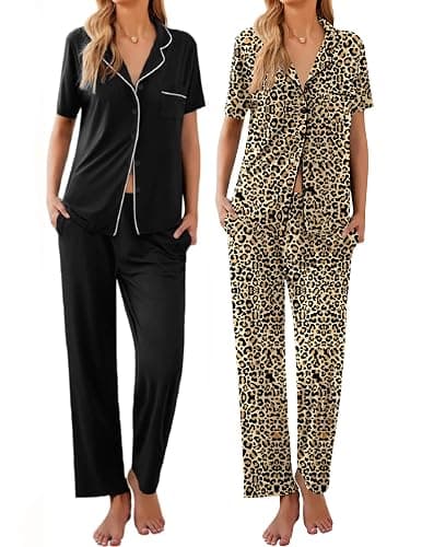 Ekouaer 2 Pack：Womens Pajamas Short Sleeve Pjs Notch Collar Button Up Loungewear Cozy Sleepwear Sets - Image 1