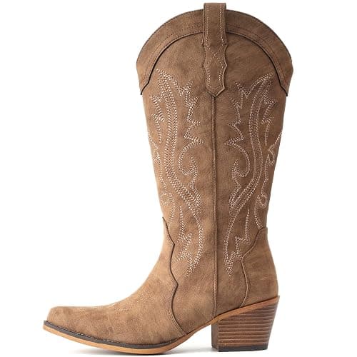 IUV Cowboy Boots For Women Western Cowgirl Boots with Chunky Heel Mid Calf Snip Toe Ideal for low insteps thumbnail 3
