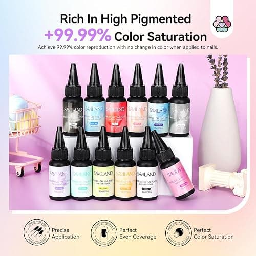 SAVILAND Dilution-Free Airbrush Gel Nail Polish 30ML 12 Colors | Hema-Free Airbrush Paint for Nails, Non-Acetone, High Color Saturation, For Gradients Blush Layered Nail Art thumbnail 3