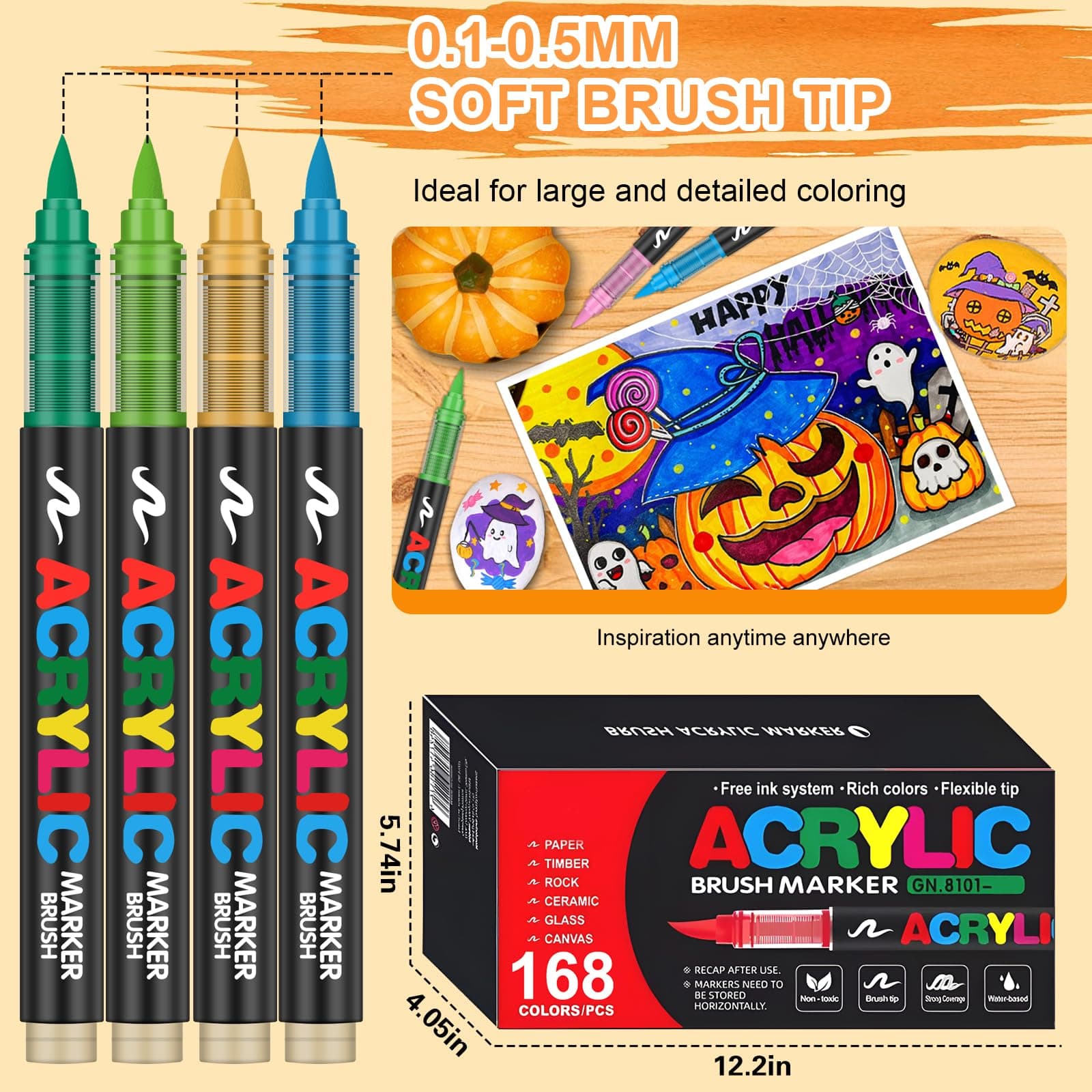 Marcadores Acrílicos 168 Colores Punta Brush – Tinta Acrílica Líquida de 2.4 ml, Caja de 7 Niveles, Ideal para Arte en Roca, Madera, Vidrio, Tela y Más – Rotuladores Acrílicos de Pintura thumbnail 8