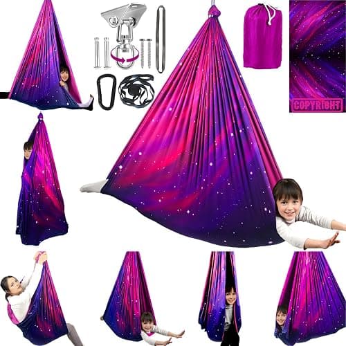 HiCamer Double Layer Sensory Swing for Kids & Adults Holds up to 300lbs Indoor and Outdoor Therapy Cuddle Swing with 360° Swivel Hanger Kit Adjustable with Aspergers Autism ADHD (Galaxy Purple) - Image 1