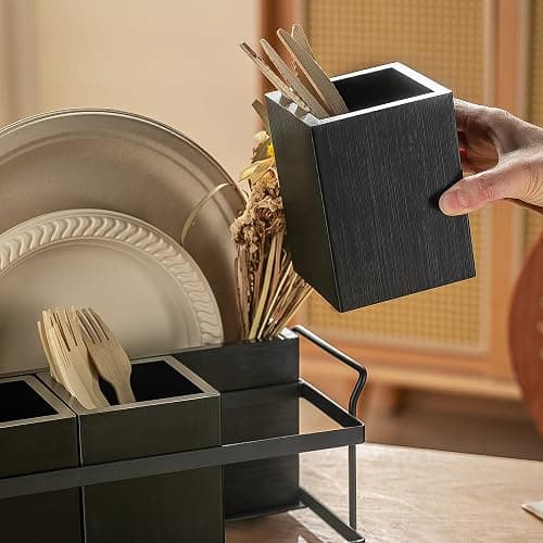 PTSTING Silverware Caddy Black Wood Silverware Holder Paper Plate Dispenser Utensil Caddy Cutlery Flatware Organizer Box for Spoons Forks Plates Napkins thumbnail 5