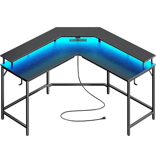 Huuger L Shaped Gaming Desk with Power Outlets & LED Lights, Computer Desk with Monitor Shelves, Home Office Desk, Corner Gaming Desk with Hooks, Black - Image 1