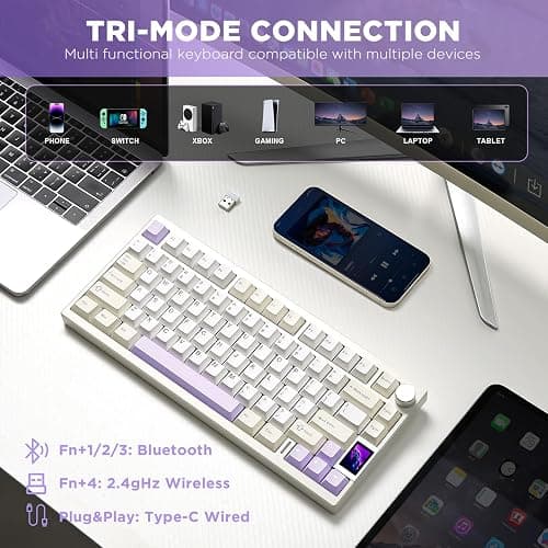 YUNZII AL80 Wireless Mechanical Keyboard,Full Aluminum CNC, Smart LCD Display,Hot Swappable Gasket Mount 75% Layout with Knob,BT/2.4G/USB-C,QMK/VIA Support for Win/Mac (Beige, Cocoa Cream V2 Switch) thumbnail 4