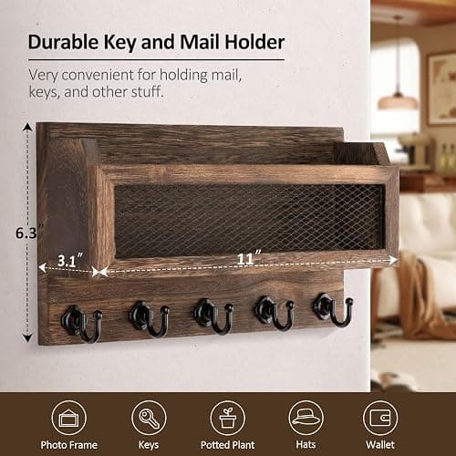 Nekon Mail and Key Holder for Wall Decorative, 11 Inch Mail Holder, Brown | Wooden Wall Key Organizer with 5 Key Hooks, Wall Mount Storage Shelf for Entryway Hallway thumbnail 3