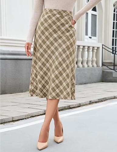 luvamia Plaid Skirts for Women Midi Length High Waisted Trendy A Line Elastic Waist Casual Office Work Fall Skirt thumbnail 3