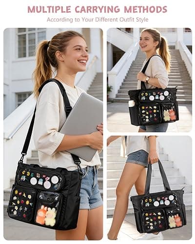 Prokva Large Ita Bag, Kawaii Pin Display Ita Tote Bag for Anime Kpop Fans | Ita Tote Bag with 3 Pin Display Pockets & 2 Inserts, Fits 15.6” Laptop, Kawaii Gift for Anime Kpop Fans Concert Cosplay thumbnail 2
