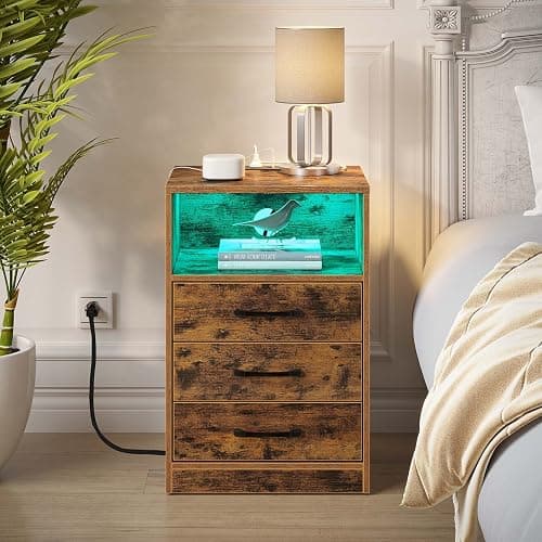 Seventable Nightstand with Wireless Charging Station and LED Lights, Modern End Side Table with 3 Drawers and Open Storage for Bedroom, Rustic Brown thumbnail 2