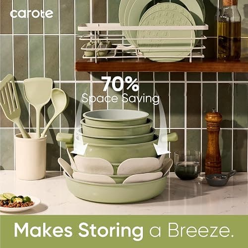 CAROTE 27pcs Ceramic Cookware Set Nonstick, Pots and Pans Set Non Stick, Non Toxic Cookware Detachable Handles, Dishwasher/Oven Safe, RV/Camping Cookware, Pan and Pot with Kitchen Utensils, Green thumbnail 5
