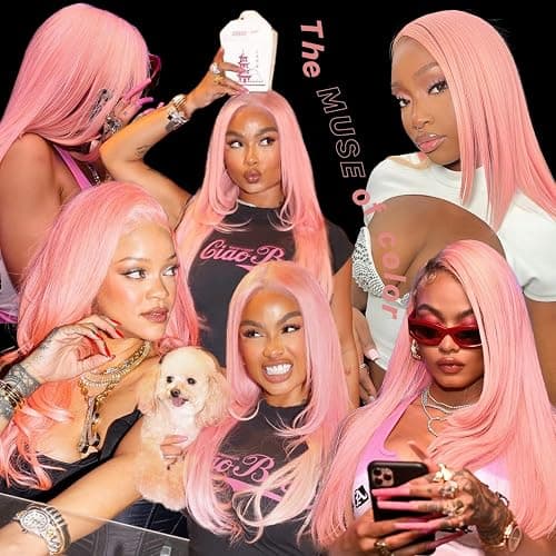 BrownBomb Pink Wear and Go Glueless Wigs Light Pink Synthetic Lace Front Wigs Pre Plucked Pre Cut Long Layered Straight Wigs with Curtain Bangs For Woman middle Part Wig 26 Inch for Beginners thumbnail 3