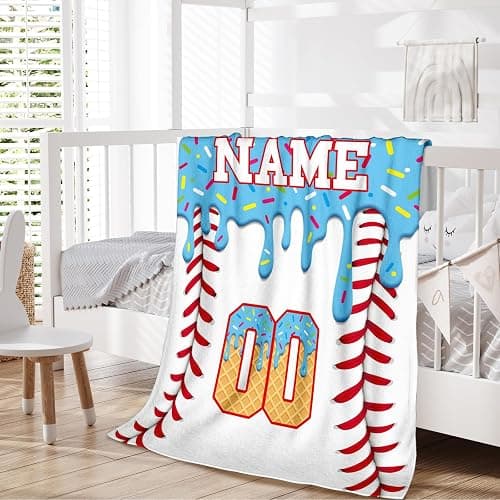 Ice Cream Baseball Blanket for Boys Girls Custom Kids Blanket Gift for Baseball Lovers, Cozy Light Blue Fuzzy Flannel Throw for Living Room Camping Club thumbnail 6
