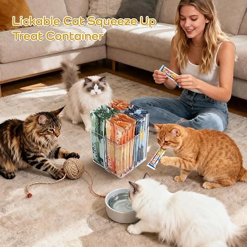 Lickable Cat Treats Organizer, Lazy Susan Acrylic Squeeze Up Cat Treats Storage Organizer with 4 Compartments, Wet Cat Food Storage Container for Kitchen Cabinet Pantry Shelf Countertop（Square） thumbnail 6