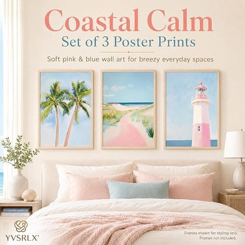 YVSRLX Set of 3 Pink Coastal Beach Wall Art Prints, 12x16 Inch Unframed Preppy Coastal Granddaughter Posters, Palm Tree Lighthouse Pictures for Teen Girls Bedroom Bathroom Dorm Decor thumbnail 2