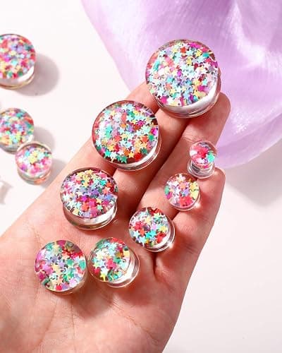 Jewseen 0g-1’’ Ear Gauges Plugs Double Flared Rainbow Star Ear Tunnels Stretchers Gauges for Women Plugs Piercing Jewelry thumbnail 9