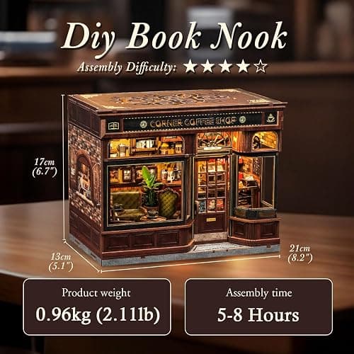 CUTEBEE Book Nook Kit, DIY Miniature House Kits for Adult and Teens, Dollhouse Booknook Tiny House, Bookshelf 3D Wooden Puzzle, DIY Craft Gifts for Family and Friends (Corner Coffee Shop) thumbnail 3