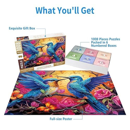1000 Piece Puzzle for Adults, Advent Puzzle Humming Birds 1000 Pieces Puzzles for Adults Teens Kids, Birds 1000 Pieces Jigsaw Puzzles 6 Days Holiday Puzzles Countdown to Weekend Gift thumbnail 6
