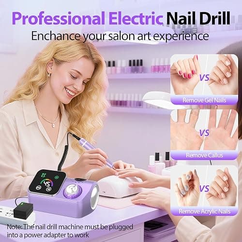 PYVOLA Professional Electric Nail Drill E-File Machine - 45,000 RPM Corded Nail Drills Kit with Low Noise & LED Display for Shaping, Removing & Polishing Acrylic Gel Nails for Salon Home thumbnail 7