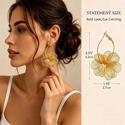 GAXAYA Dangle Flower Earrings for Women Statement Trendy Hoop Drop Earring | Lightweight/Hypoallergenic for sensitive ears/daily wear/Resistant to tarnish thumbnail 2