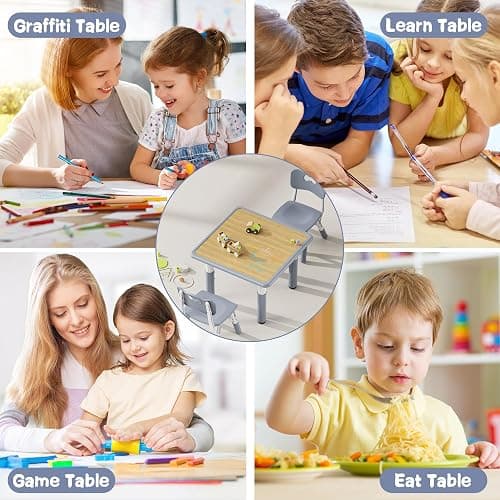 Brelley Kids Table and 2 Chairs Set, Height Adjustable Toddler Desk and Chair Set, Graffiti Desktop, Classroom/Daycare/Home, Children Multi-Activity Table for Ages 2-8 thumbnail 8