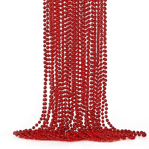 EOBOH 12PCS Bead Necklace, Red Christmas Beads Costumes Party Favors, 33" Beaded Necklace Festival Parade Throw Accessory Sets for Valentines Mardi Gras Christmas Celebrations Decorations - Red - Image 1