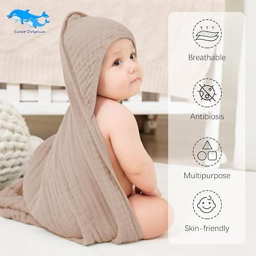 SWEET DOLPHIN Muslin Hooded Baby Bath Towels - 2 Pack 100% Cotton Towel for Babies, Infants, Toddlers - 32x32Inch - Highly Absorbent and Newborn Essential, Brown - Brown - 32 x 32 Inch （Pack of 2） thumbnail 2