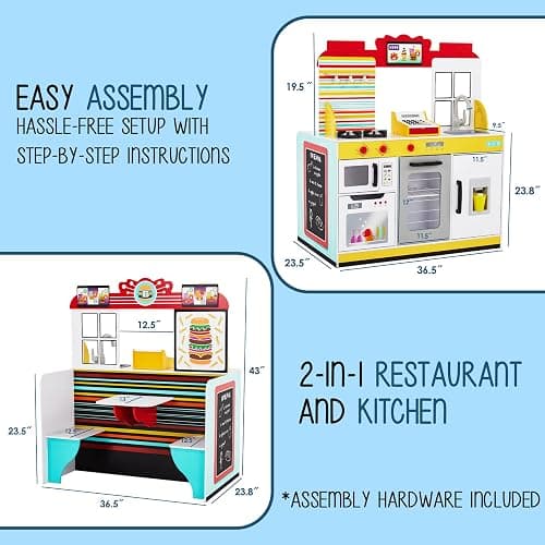 Lil' Jumbl Wooden Restaurant Playset, Interactive Diner Kitchen, Ages 3-8 | Gives kids a lifelike serving and prep space with refrigerator, oven, sink, and menu boards to spark creative fun. thumbnail 2