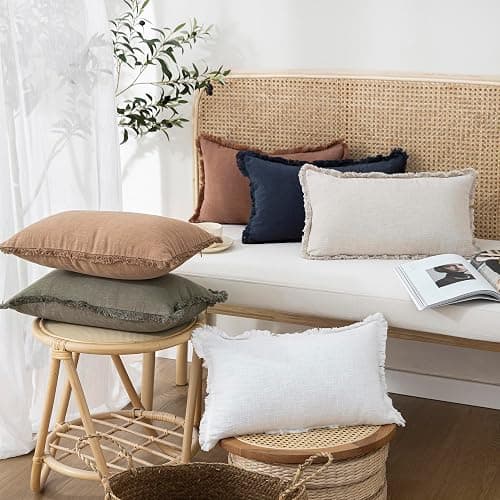 Foindtower Set of 2 Decorative Linen Fringe Lumbar Throw Pillow Covers Boho Farmhouse Cushion Cover with Tassels Cozy Accent Pillowcase for Sofa Couch Living Room Home Decor,12×20 Inch,Natural Beige - 20" x 12" (Pack of 2) - Natural Beige thumbnail 2