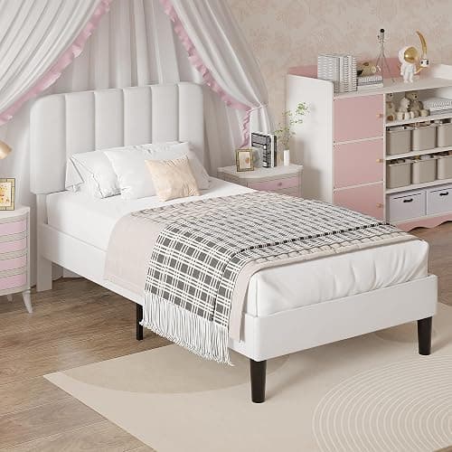 VECELO Twin Size Bed Frame with Upholstered Headboard, Velvet Platform Bedframe Mattress Foundation, Strong Wood Slat Support, No Box Spring Needed,White thumbnail 5