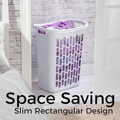 Large Plastic Laundry Hamper, White, Slim Rectangular, Ventilated, 63 Liter, Reinforced Handles, Clothes Basket for Bathroom, Dorm, and Closet thumbnail 4