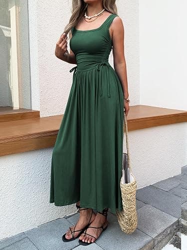 Mieazom Women’s Boho Summer Maxi Dress with Pockets, Adjustable Waist, Sleeveless Casual Ruched Sundress for Beach Vacation thumbnail 4