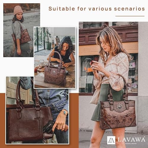 LAVAWA Tote Bag for Women Large Western Purse Ladies Top Handle Shoulder Handbags Vintage Embossed Concho Studs thumbnail 2