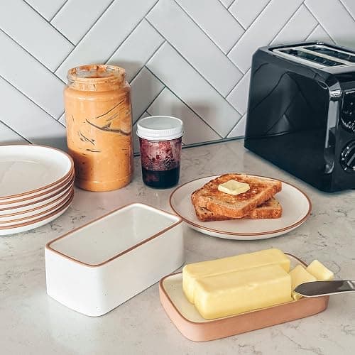 Mora Ceramic Two-in-One Butter Dish with Lid, Covered Butter Crock Container to Leave on Countertop - Large Storage Keeper/Holder for Kitchen, Gifts for Her, Butter Tray For Counter - Vanilla White thumbnail 7