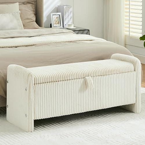 WUTUTUEE 44'' Corduroy Storage Ottoman Bench, Upholstered Storage Bench End of Bed for Bedroom, Linear Bed Bench with Safety Hinge, Living Room, Entryway, Beige - Image 1
