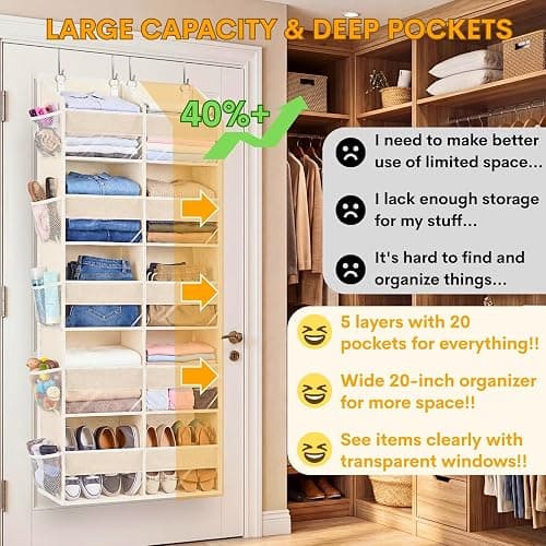 Ofiray-home Over the Door Organizer 5 Tiers,Extra Large Behind Door Storage of 10 Compartments,80 lbs Weight Capacity Over the Door Storage, Door Hanging Organizer for Closet, Diaper Organizer, Beige thumbnail 4
