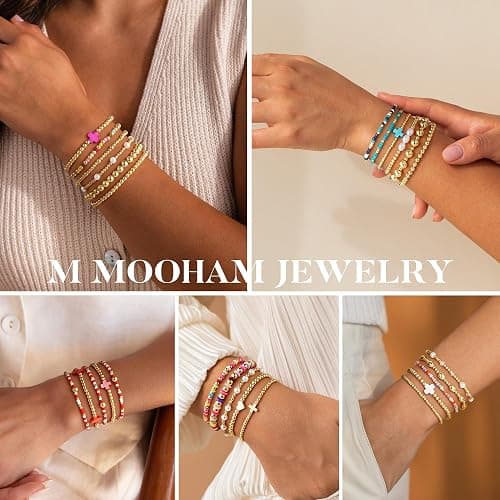 M MOOHAM Boho 14K Gold Plated Bracelets for Women - Elastic Cross Beaded Bracelet Stack Stretch Pearl Bead Bracelet Colorful Christian Jewelry Set Religious Gifts for Women Teen Girls thumbnail 5