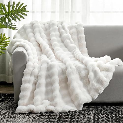 Cozy Bliss Faux Fur Throw Blanket for Couch, Fuzzy Soft Plush Thick Bubble Blanket for Sofa Bedroom Living Room, 60 * 80 Inches Cream White thumbnail 5